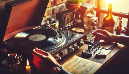 old vinyl record player on white background created with generative AI software.