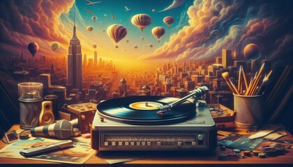 old vinyl record player on white background created with generative AI software.
