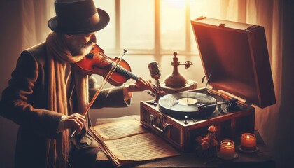 old vinyl record player on white background created with generative AI software.