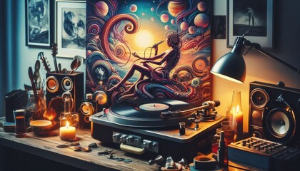 old vinyl record player on white background created with generative AI software.