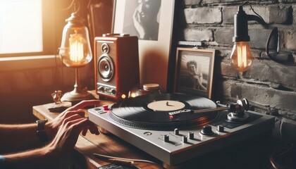 old vinyl record player on white background created with generative AI software.