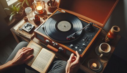 old vinyl record player on white background created with generative AI software.