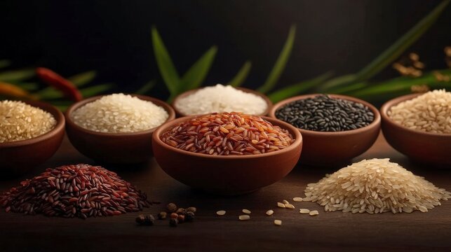 Various Types of Rice in Brown Bowls