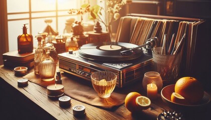 old vinyl record player on white background created with generative AI software.