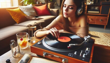old vinyl record player on white background created with generative AI software.