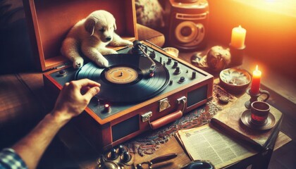 old vinyl record player on white background created with generative AI software.