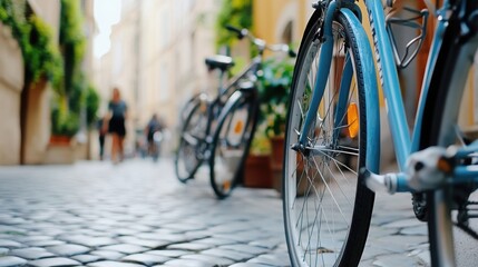 Naklejka premium Ancient streets of Rome - Cozy cafes, architecture, bicycles near the walls.