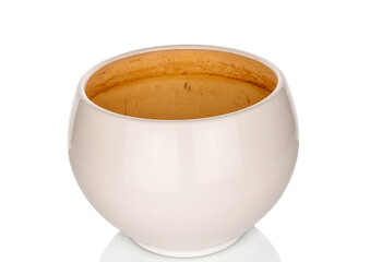 One ceramic flower pot, close-up, isolated on white background.