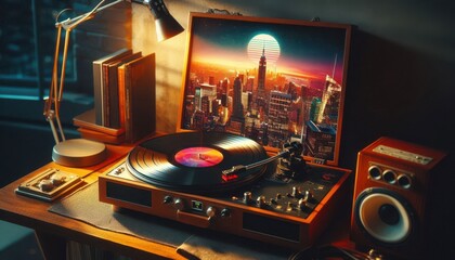 old vinyl record player on white background created with generative AI software.