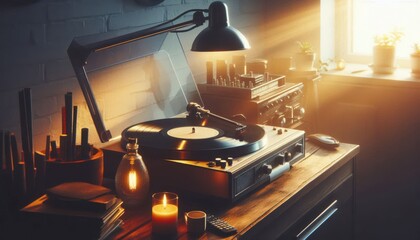 old vinyl record player on white background created with generative AI software.