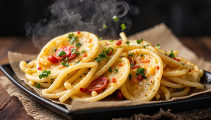 Delicious pasta dish with steam rising, culinary delight