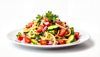 Colorful vegetable pasta salad on a white plate, fresh cuisine