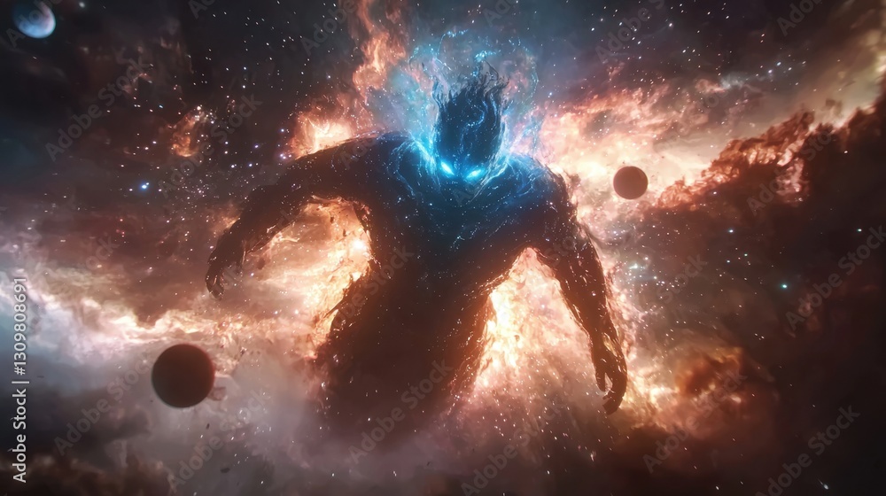 Canvas Prints a giant alien is standing in a space filled with planets and stars