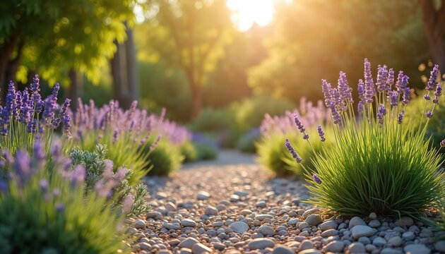 Lavender flowers bloom in xeriscape garden. Low-water ground cover with lavender field. Sustainable landscaping with drought-tolerant plants, stones. Eco-friendly yard design minimizes water usage,