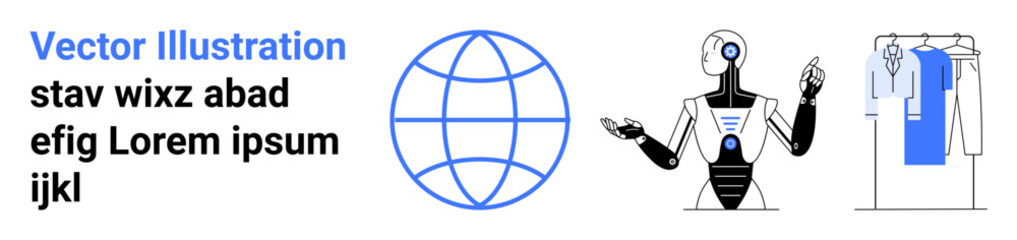 Futuristic AI robot gesturing, globe icon representing connectivity, and a wardrobe with hanging clothes. Ideal for technology, global communication, AI, robotics, fashion, e-commerce future trends