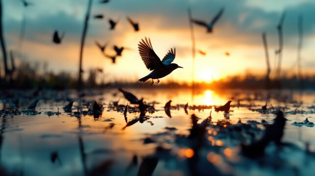 Birds over the swamp at dawn - Silhouettes, reflections, silence.  - Powered by Adobe