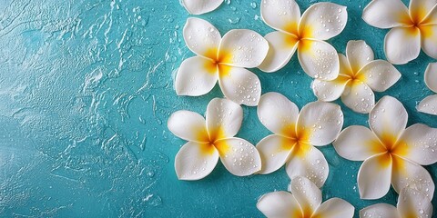 Floating plumeria flowers with white and yellow petals on a turquoise background