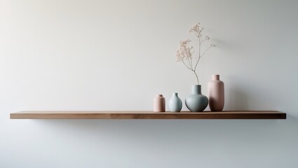 Floating Wooden Shelf with Ceramic Vases.
