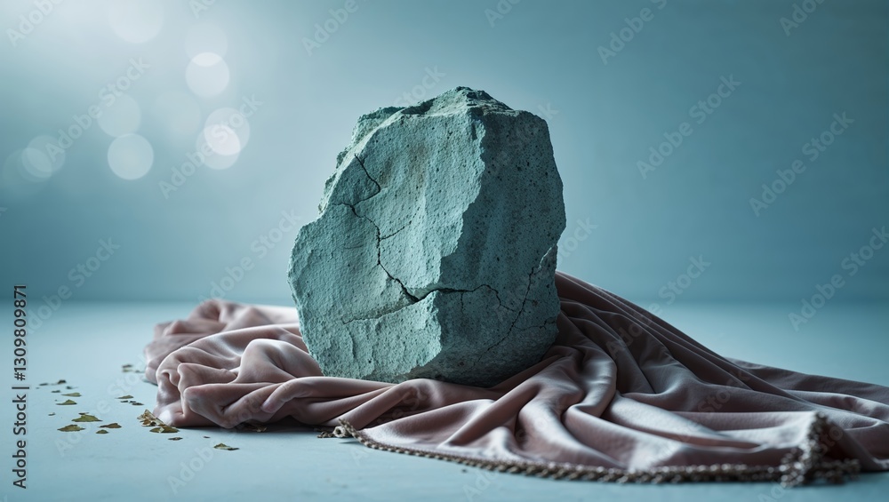 Poster unique abstract artwork featuring a cracked stone on a soft draped fabric background with subtle lig
