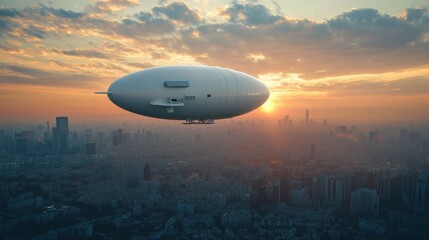 Aerial View of Airship over a City at Sunset