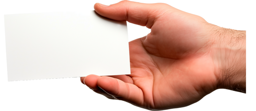 Mano sujetando un folio en blanco sobre fondo transparente