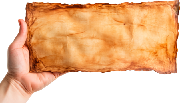Mano sujetando un papel antiguo sobre fondo transparente