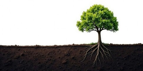 A solitary tree's roots dig deep into the earth against a stark white backdrop, dirt, tree, tree roots