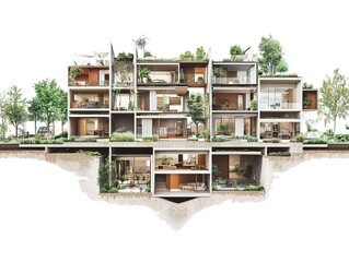 a cross section of a street with terrace buidlings on each side with a small front garden in each side