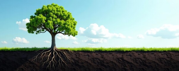 A solitary tree with roots exposed in the ground, tree, soil