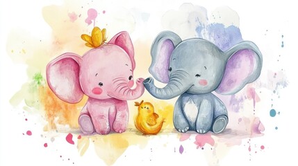 Adorable watercolor painting of two baby elephants and a chick together