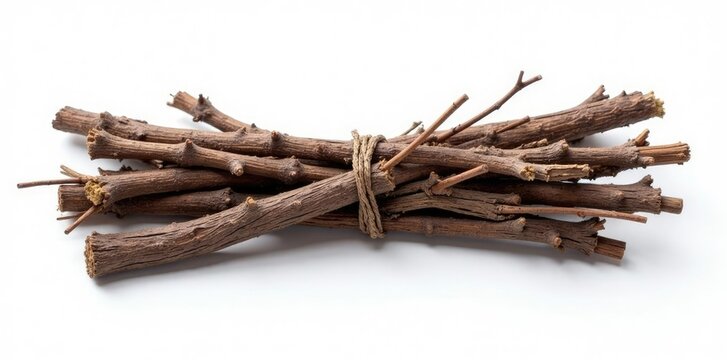 Bundle of twigs and branches on white background, twigs, earthy, organic