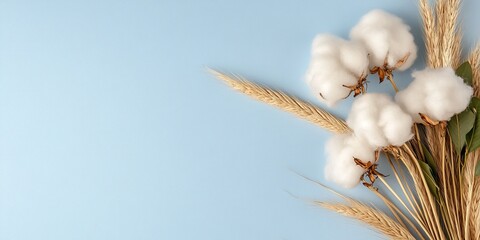 cotton flowers and wheat with blue background.