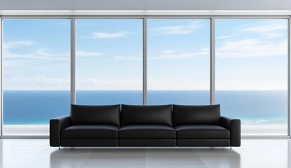 Modern, minimalist living room with panoramic ocean view.  A black leather sofa sits in front of large windows overlooking the sea.