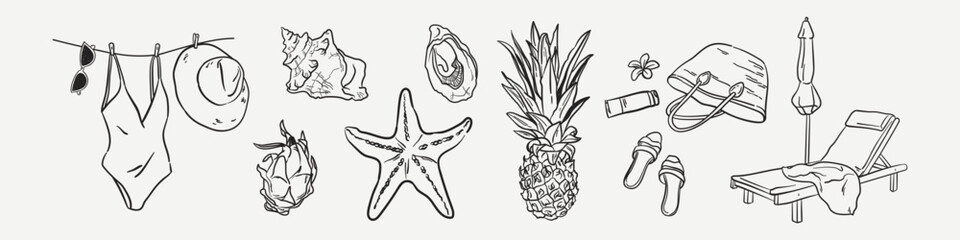 Italian summer illustration set. Voyage sea vacation vector drawing  in doodle sketch style. Hand drawn dolce vita weekend element of swimsuit, seashell, starfish, beach bag, pineapple.  © Alena creator