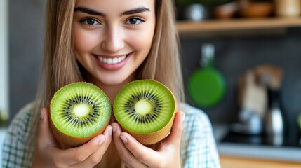 Female preparing kiwi in kitchen setting