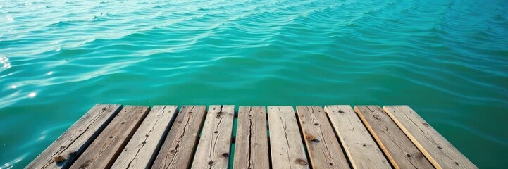 Fototapeta premium Calming teal water laps against a weathered wooden dock, dock, teal