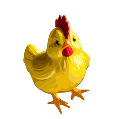 A vibrant vector illustration of a cute yellow chicken with a red comb and beak. 