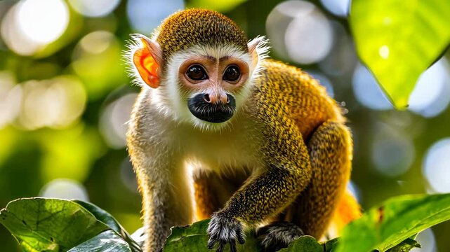 Squirrel monkey perched on green leaves in lush forest during bright daylight