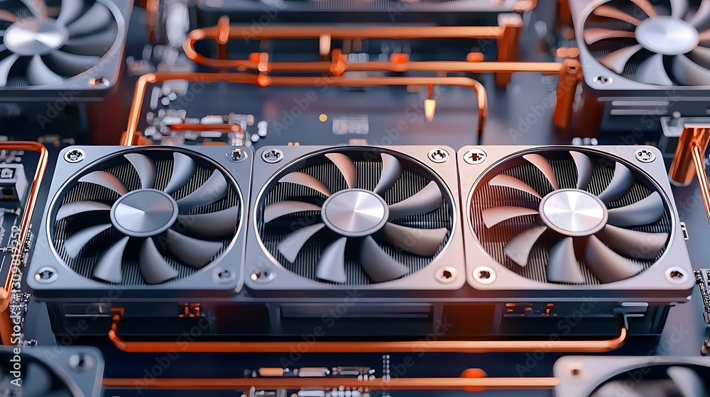 Poster close-up view of advanced computer cooling fans in a high-performance computing setup