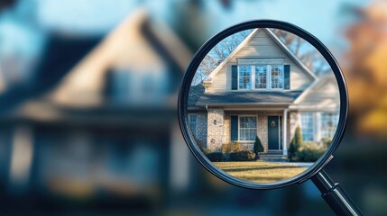 Magnifying glass focusing on a key in a house door, blurred real estate scene.