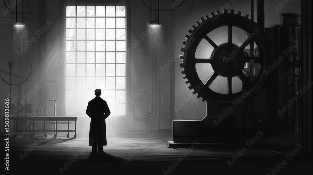 Poster man in shadowy industrial setting with large gear and window