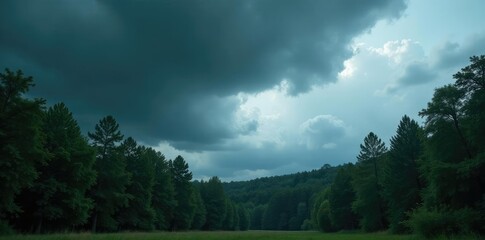Dark grey storm clouds gathering above a dense forest with tall trees swaying in the wind, intense, storms