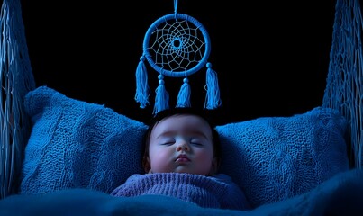 Serene Baby Sleeping Peacefully Under Dreamcatcher in Night Setting
