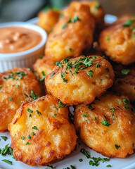 Fototapeta premium Delicious golden potato fritters served with a spicy dipping sauce on a white plate