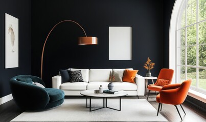 Modern living room with white sofa, orange armchairs, and dark walls.