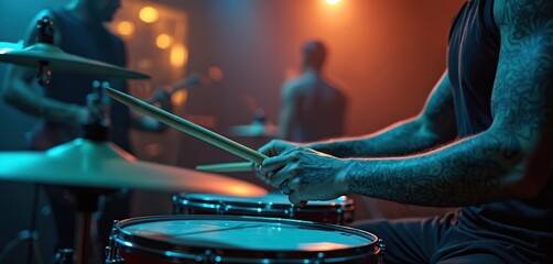 Tattooed man playing drums in blue light nightclub concert. Drummer performing with band, beating rhythm. Musical instruments, drumsticks, cymbals, snare set stage entertainment. Percussionist rocks