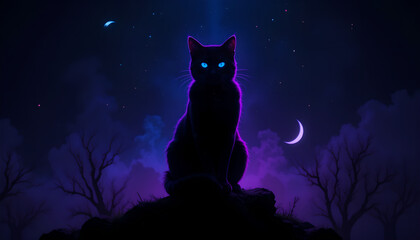Mystical Black Cat in Neon Shadows