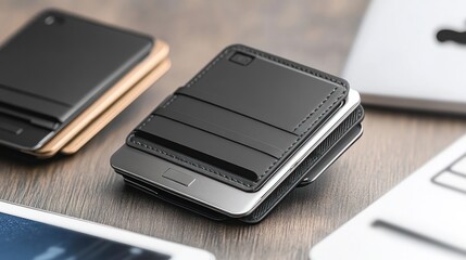 Modern wallets on a wooden surface
