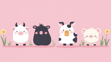 Obraz premium Adorable cartoon animals stand together in a charming pink field