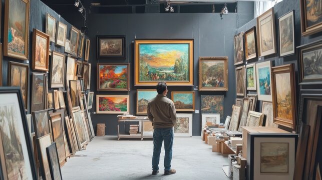 Man contemplates paintings displayed in a gallery.